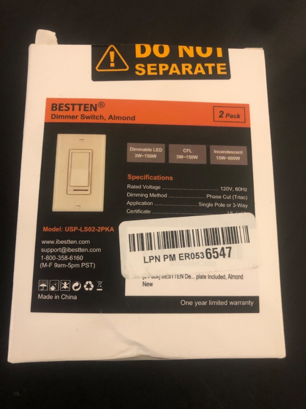 Photo 1 of BESTTEN 2 Pack Almond Dimmer Wall Light Switch, Compatible with Dimmable LED, CFL, Incandescent and Halogen Bulb, Single Pole or 3-Way Dimmer Switches, 120VAC, Decorator Wall Plate Included,