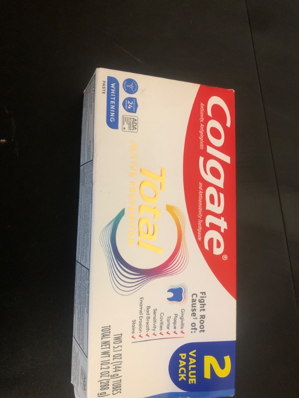 Photo 1 of Colgate Total Whitening Toothpaste Paste, 5.1 oz, 2 Pack, Fluoride Antibacterial for Plaque, Gingivitis, Sensitivity, Stain Removal, Clinically Proven, Mint