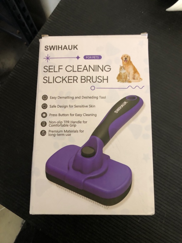 Photo 1 of Swihauk Self Cleaning Slicker Brush for Dogs & Cats, Skin Friendly Pet Grooming for Shedding, Deshedding, and Hair Removal - Puppy Brush for Long Haired Pets, Pet Supplies, Purple