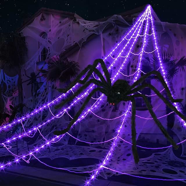 Photo 1 of Spider Webs Halloween Decorations Outdoor 290LED Halloween Spider Web Lights Decoration with 78.7'' Large Spider & 3.53oz Stretch Cobweb 23Ft Giant Lighted Web with 8 Modes