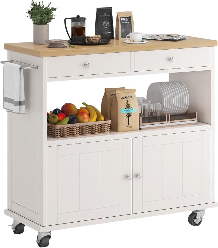 Photo 1 of Rolling Kitchen Island with Storage Cabinet, 35.4'' Width Kitchen Cart, 2 Drawers Island Table, Portable Mobile Kitchen Island with Towel Rack, Wood Top and Lockable Wheels, White