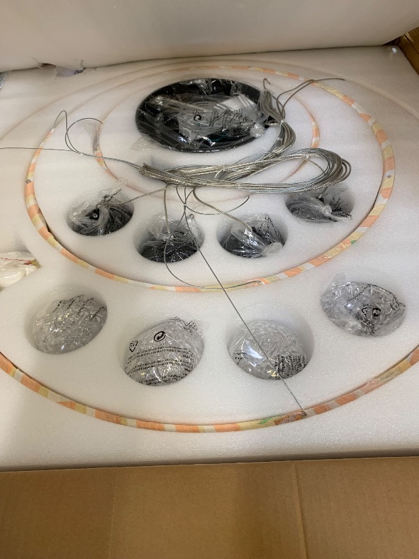 Photo 1 of Hanging circular chandelier with 4 hanging round bulbs. Unknown brand