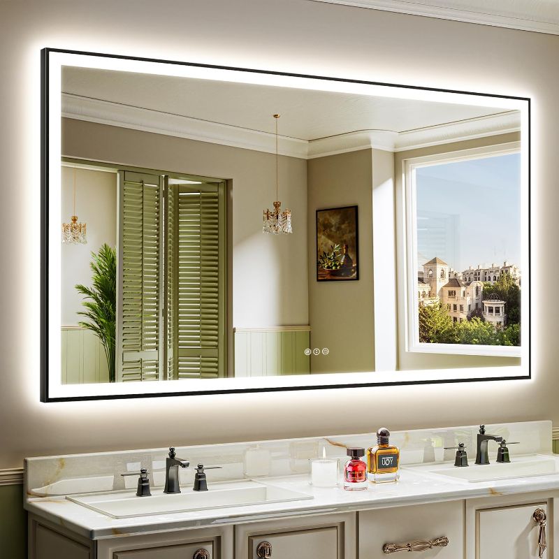 Photo 1 of 72x40 Inch LED Bathroom Mirror with Lights (Front Lit and Backlit) Black Framed Lighted Vanity Mirror for Bathroom Wall Dimmable Anti-Fog Memory Tempered Glass Horizontal/Vertical