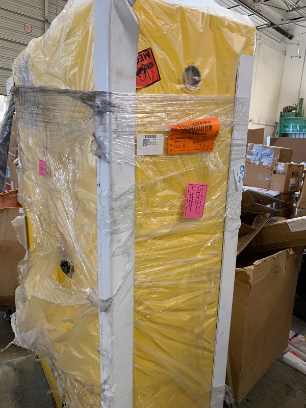 Photo 1 of Justrite 45 Gallon Self Close Flammable Storage Cabinet, 18 Gauge Steel, 2 Shelves, 2 Door Fire Cabinet, 65" x 43" x 18", Made in The USA, Yellow, 894520