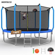Photo 1 of Mersco 14ft Trampoline for Kids & Adults with Enclosure Net, Basketball Hoop, Ladder,1320LBS Capacity Heavy-Duty Rebounder Trampoline Set for Backyard/School (Blue)