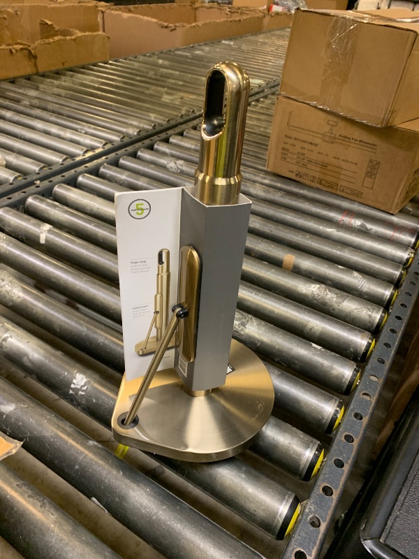 Photo 1 of simplehuman Tension Arm Standing Paper Towel Holder, Heavy-Duty, Easy One-Handed Tear, Kitchen Countertop, Brass Stainless Steel