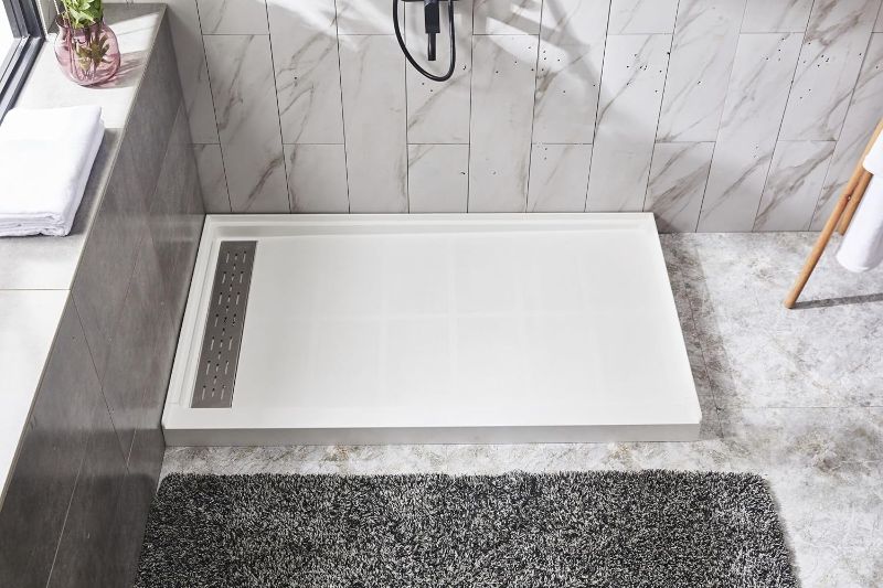 Photo 1 of Shower Base Pan in White Left Linear Drainer, Rectangular Shower Base 48"×32"×4" with Non-Slip Floor Panel and Stainless Steel Shower Drain Cover