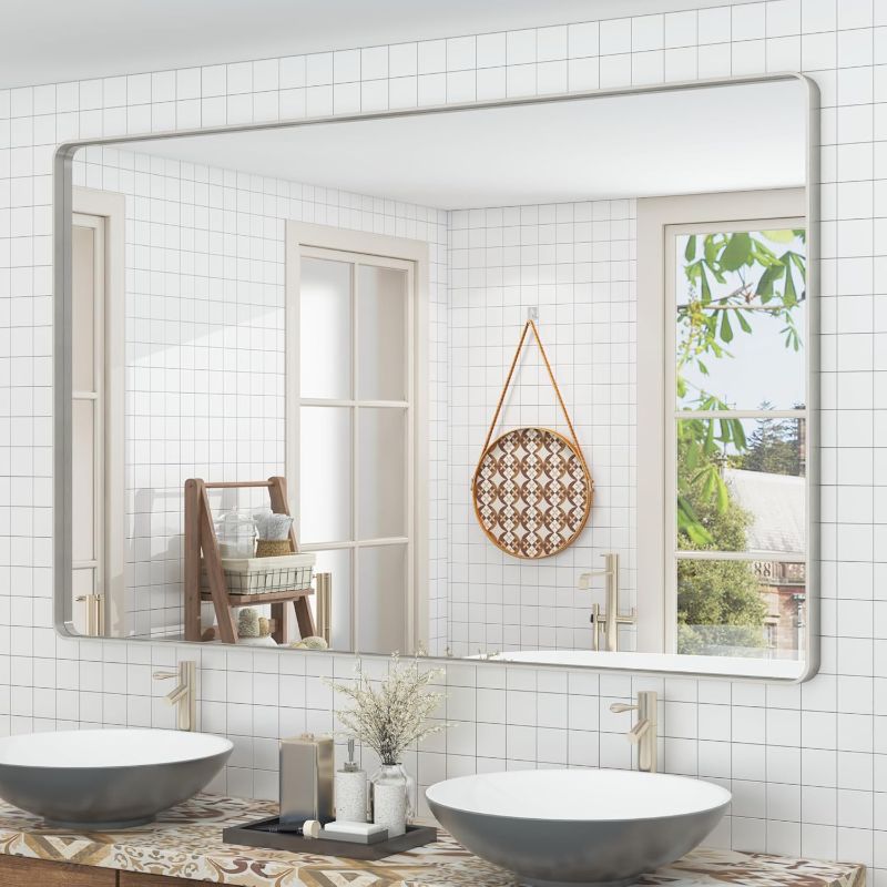 Photo 1 of CHARMOR 60X36 Silver Bathroom Mirror, Modern Rectangle Metal Framed Mirrors for Wall, Rounded Corners, Shatter-Proof