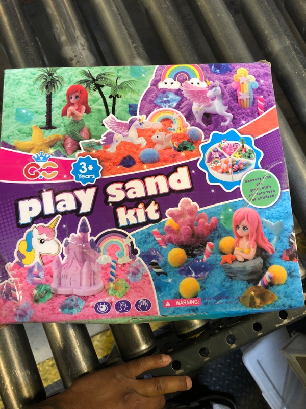 Photo 1 of G.C Unicorn Mermaid Sensory Bin for Girl Kid, Magnetic Play Sand Kit, Sandbox with 5 Compartments/Sensory Sand/Castle Molds, Sensory Toy Christmas Birthday Gift for Girl Toddler Ages 3 4 5 6 7 8