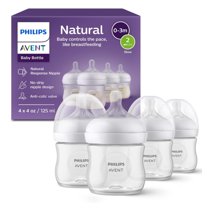 Photo 1 of Philips Avent Natural Baby Bottles with Natural Response Nipples (Slow Flow, Flow 2), 4oz, 4-Pack, SCY900/04
