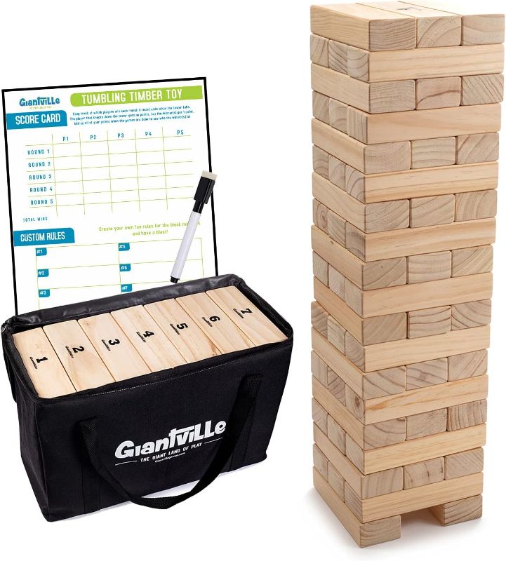 Photo 1 of Giantville Giant Tumbling Timber Toy - Premium Pine Wood Life-Size Blocks Tower - Big Floor/Board Indoor/Outdoor Yard Game for Kids & Adults - 56-Pieces + Carry/Storage Bag - Grows to Over 4-Feet
