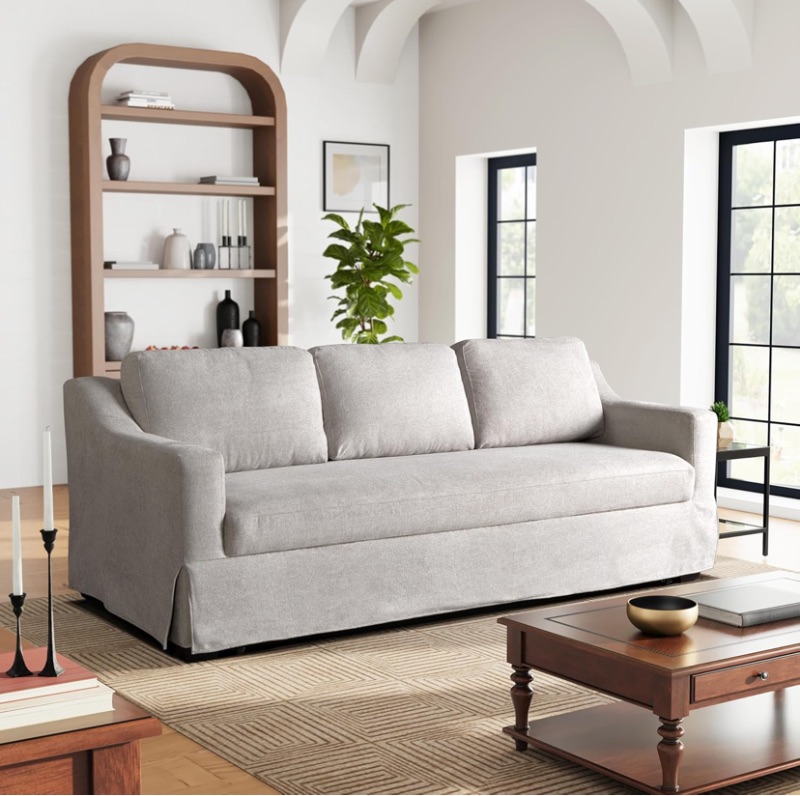 Photo 1 of Serta® Hawthorne 90.6" Slipcovered Queen-Size Convertible Pop-up Sofa, Dreamcoil® Comfort, Woven Polyester Blend Fabric, Linen