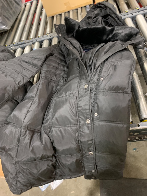 Photo 1 of LONDON FOG Women's Chevron Coat with Faux Fur Trimmed Hood, Black, Large