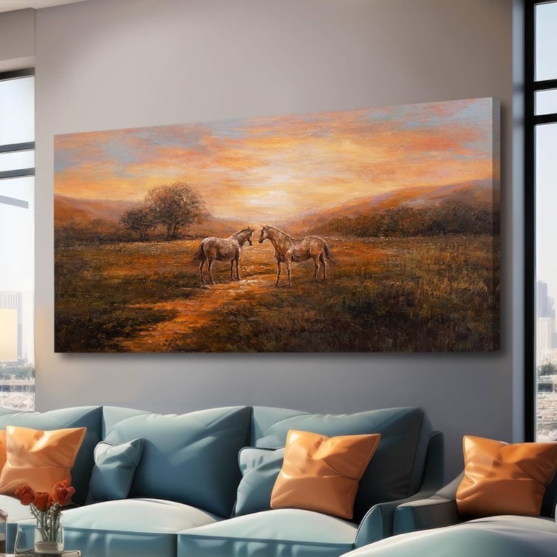 Photo 1 of Horse Wall Art Nature Pictures Wall Decor Framed Canvas Wall Art for Living Room Landscape Painting Farmhouse Pictures Artwork Room 29"x58"