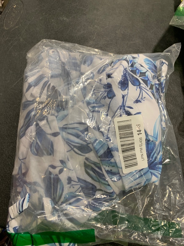 Photo 1 of FLAXMAKER Blue and White V Neck Lace Up Strip Plant Prints One Piece Swimsuit and Skirt/Sarong(Swimsuit and Skirt,Blue,L)