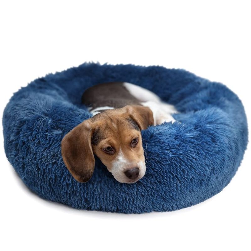 Photo 1 of Bedsure Calming Dog Bed Medium Size Dog - Donut Washable Medium Pet Bed, 30 inches Anti-Slip Round Fluffy Plush Faux Fur Cat Bed, Fits up to 45 lbs Pets, Navy