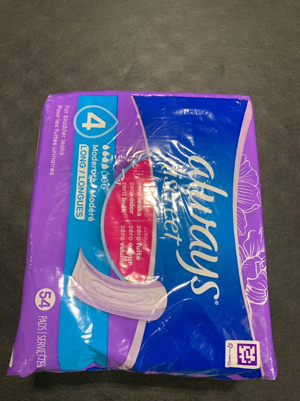 Photo 1 of Always Discreet Adult Incontinence Pads for Women, Moderate Absorbency, Long Length, Postpartum Pads, 54 Count