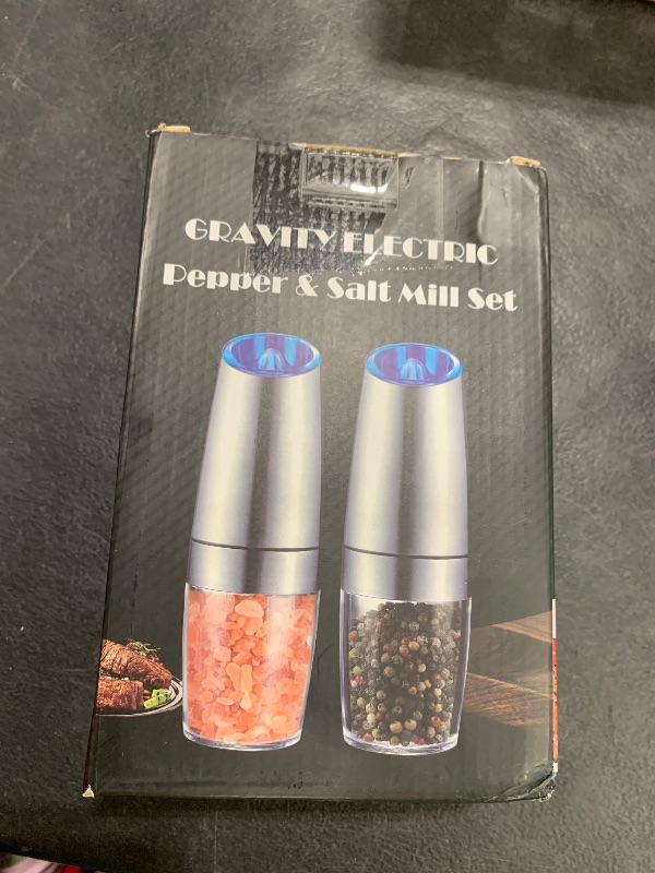Photo 1 of XinXu Gravity Electric Pepper and Salt Grinder Set, Salt and Pepper Mill & Adjustable Coarseness, Battery Powered with LED Light, One Hand Automatic Operation, (Set/Silver)