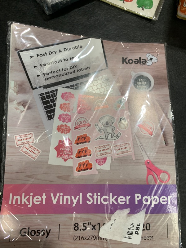 Photo 1 of Koala Printable Vinyl Sticker Paper for Inkjet Printers - 20 Sheets Glossy White Water-Resistant Adhesive Label Paper - 8.5x11 Inch, Tear-Resistant, Removable