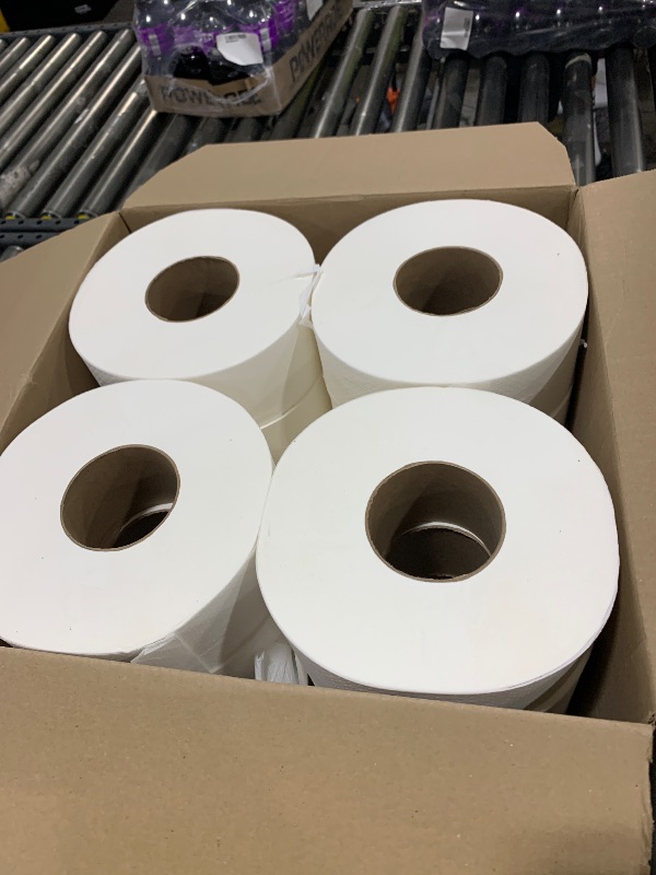Photo 1 of Genuine Joe Jumbo Roll Bath Tissue - 2-Ply White Toilet Paper, 3.3" x 650' per Roll, 12 Count Bulk Pack, Recycled Fiber, Commercial Grade for Dispensers