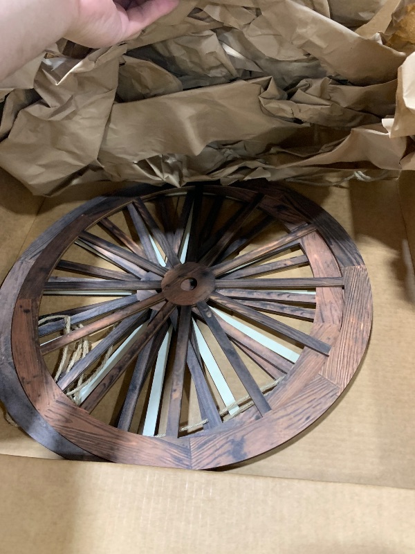 Photo 1 of Qunclay 4 Pcs Decorative Wooden Wagon Wheel Vintage Old Western Party Farmhouse Wagon Wheels Rustic Yard Hanging Wall Decor for Garden Home Bar Garage(17.7 Inch)