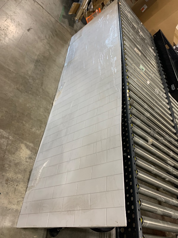 Photo 1 of WOODBRIDGE Solid Surface 60" W x 96" H Tile Tub and Shower Wall Panel Surround, Quick Install, Cuttable, Staggered Brick Pattern, High Gloss White Finish