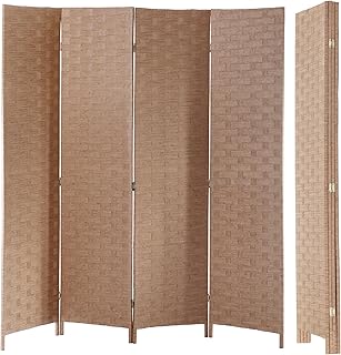 Photo 1 of Room Divider Wall Privacy Screen Partitions 4 Panel 6 Feet Foldable Screen Portable Wood Mesh Woven Design Room Separator for Home Office, Natural