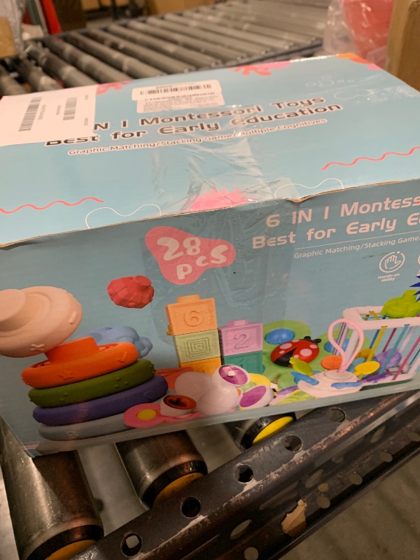 Photo 1 of 6 in 1 Baby Toys 6 to 12 Months, Montessori Toy for Toddlers 1-3, Infant Teething Babies Toy Stacking Blocks Rings Pull String Toy Sorter Sensory Bin