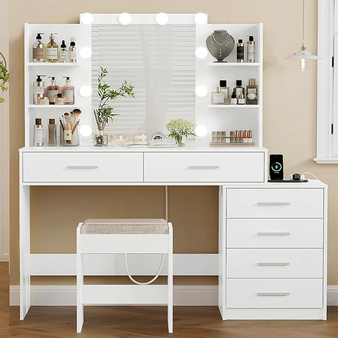 Photo 1 of Quimoo 48" Large Vanity Desk with Mirror & Lights, Makeup Vanity Table with 6 Drawers & Power Outlet, 4 Open Storage Shelves, Vanity Desk Set with Stool, for Women Girls, White

