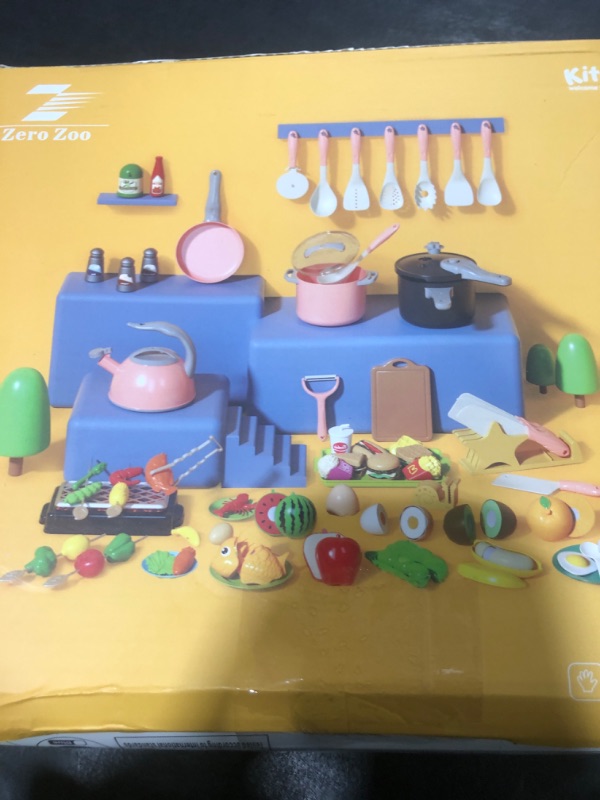 Photo 1 of Zero Zoo 105Pcs Kids Kitchen Toy Accessories, Toddler Pretend BBQ Camping Cooking Playset, Play Pots, Pans, Utensils Cookware Toys, Play Food Set, Vegetables, Learning Gift for Girls Boys