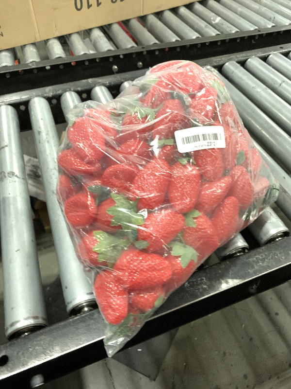 Photo 1 of Lyrow 150 Pcs Artificial Strawberries Faux Realistic Strawberry Decor Plastic Simulation Fake Strawberries Lifelike Fruit for Photography Prop Cabinet Party (3.15 Inch)