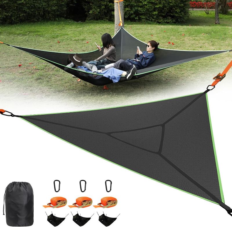 Photo 1 of Triangle Hammock, 13ft Camping Hammock with 3 Ratchet Tie Down Straps and Storage Bag, 3 Point Hammocks Portable Max 800 Lbs for 2-3 Adult Kid, Multi Person Tree Hammock for Outside Travel