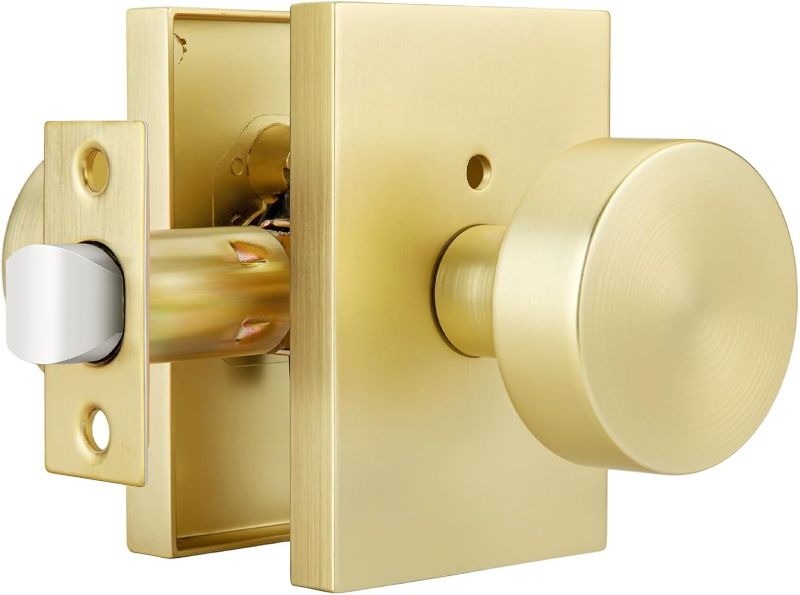 Photo 1 of goldenwarm Gold Door Knob Interior, Heavy Duty Brushed Gold Interior Door Knobs for Bedroom Bathroom, Round Privacy Door Knob, Zinc-Alloy Rectangle Rosette Indoor Doorknob (1 Pack)