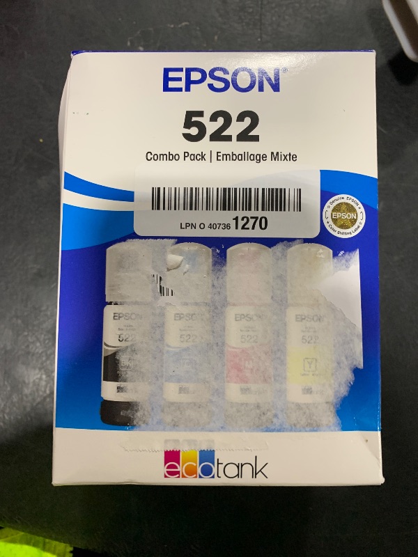 Photo 1 of Epson 522 EcoTank Ink Ultra-high Capacity Bottle Black & Color Combo Pack (T522120-BCS) Works with EcoTank ET-2720, ET-2800, ET-2803, ET-2840, ET-4700, ET-4800, ET-4810
