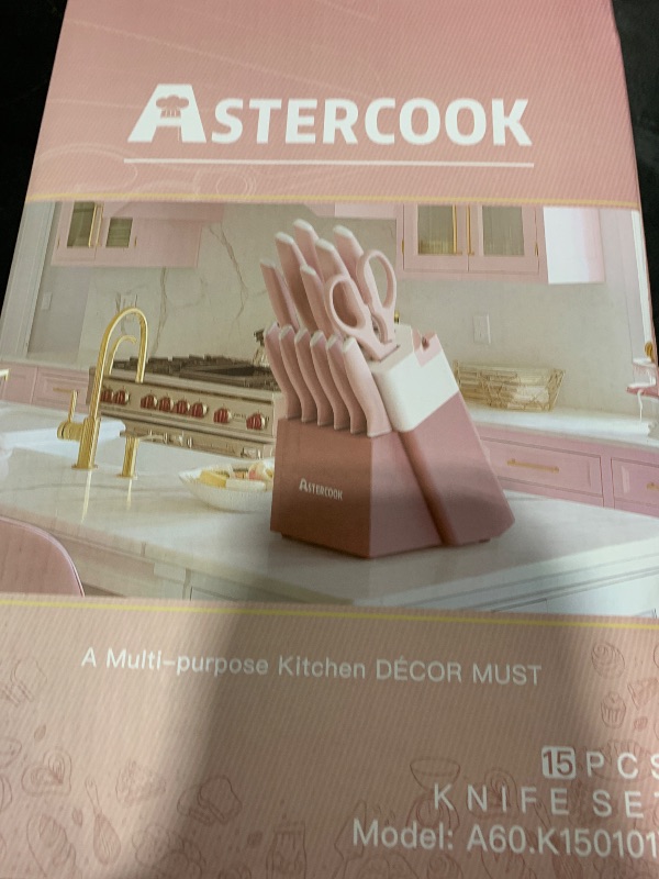 Photo 1 of Astercook Knife Set, Kitchen Knives Set with Block and Sharpener Ceramic Coating 15 Pcs German Stainless Steel Knives Sharp Blade Dishwasher Safe Knife Block Set with Ergonomic Handle, Crystal Pink