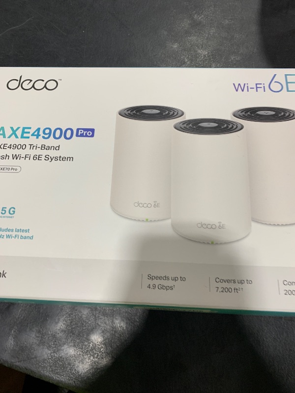 Photo 1 of TP-Link Deco XE70 Pro AXE4900 Tri-Band WiFi 6E Mesh WiFi System - 2.5G WAN/LAN Ports, 4.9 Gbps Wi-Fi 7,200 Sq. Ft Coverage, Connect up to 200 Devices, 6 GHz Band, 3-Pack