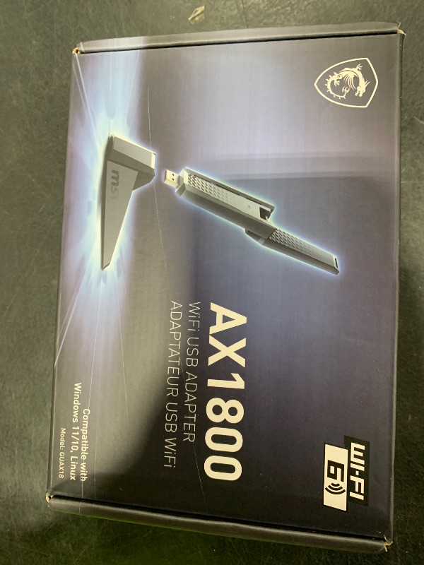 Photo 1 of MSI AX1800 WiFi 6 Dual-Band USB Adapter - WLAN up to 1800 Mbps (5GHz, 2.4GHz Wireless), USB 3.2 Gen 1 Type-A, MU-MIMO, Adjustable Antenna, Beamforming, WPA3 - Wired Bracket Included