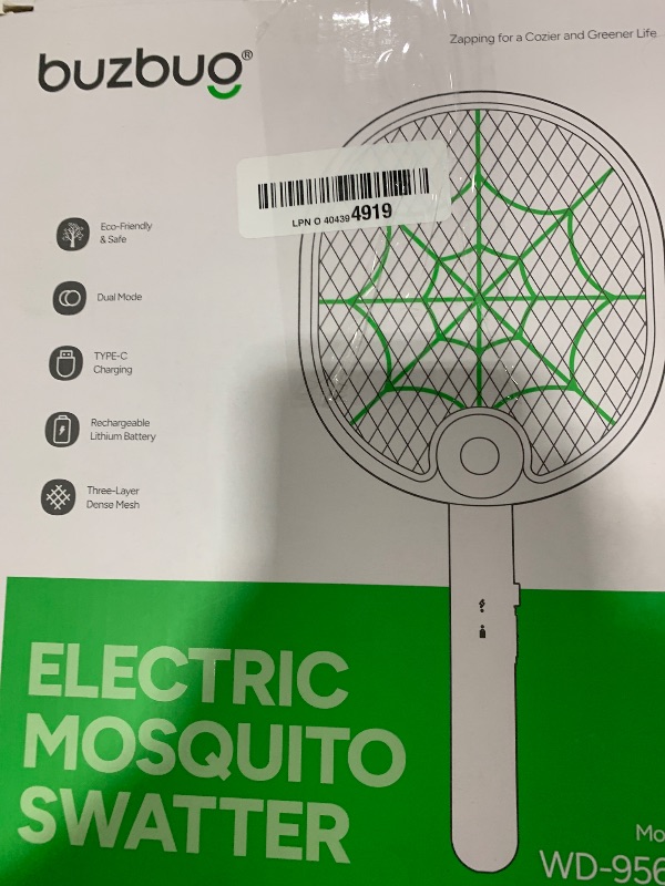 Photo 1 of Buzbug Electric Fly Swatter, Type-C Rechargeable Mosquito Swatter, Foldable, Dual Handheld and Auto Zap Mode, 3800V Powerful Instant Bug Zapper Racket, Mosquito Bat for Indoor Outdoor Camping -WD956A
