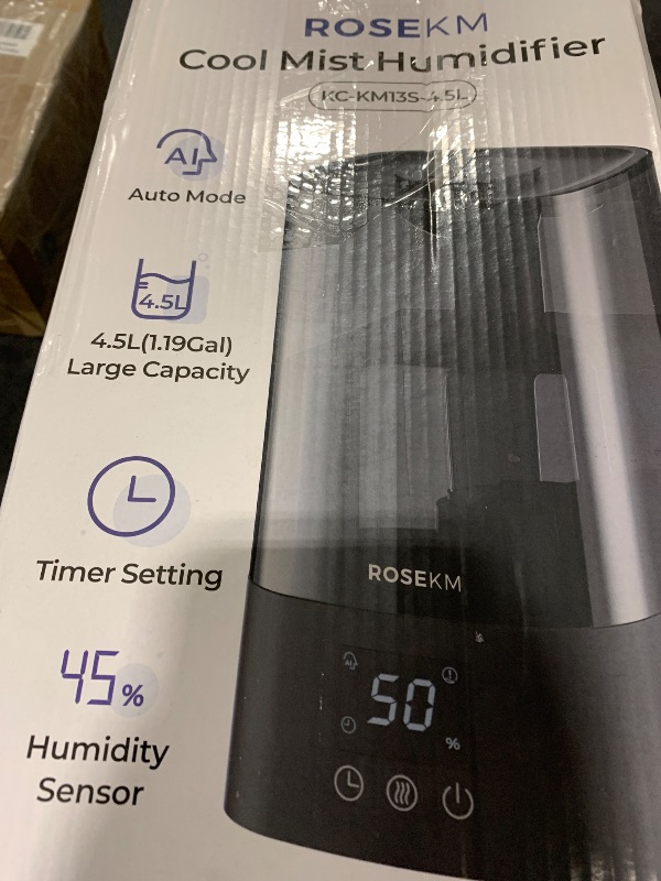 Photo 1 of ROSEKM Automatic Humidifiers for Bedroom Large Room, 4.5L Cool Mist Humidifier for Home & Plant with Timer & Humidity Sensor, Last Up to 18H on High Setting, Auto Shut-Off, 360° Nozzle (Black)