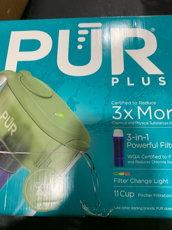 Photo 1 of PUR Plus 11-Cup Water Pitcher, 1 Lead-Reducing Filter, Cleaner, Great-Tasting Water, Dishwasher Safe, Powerful Filtration, Filter Change Light Indicator, LockFit Cap Design - Sage