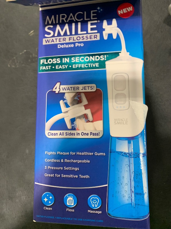Photo 1 of Ontel Miracle Smile Water Flosser for Teeth&Gum Health, Unique H-Shaped Flossing Head&4 Water Jets, Cordless Water Flosser Features 360° Cleaning&3 Pressure Modes, USB Rechargeable Dental Floss, White