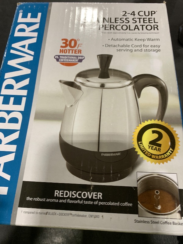 Photo 1 of Farberware Electric Coffee Percolator, FCP240, Stainless Steel Basket, Automatic Keep Warm, No-Drip Spout, 4 Cup