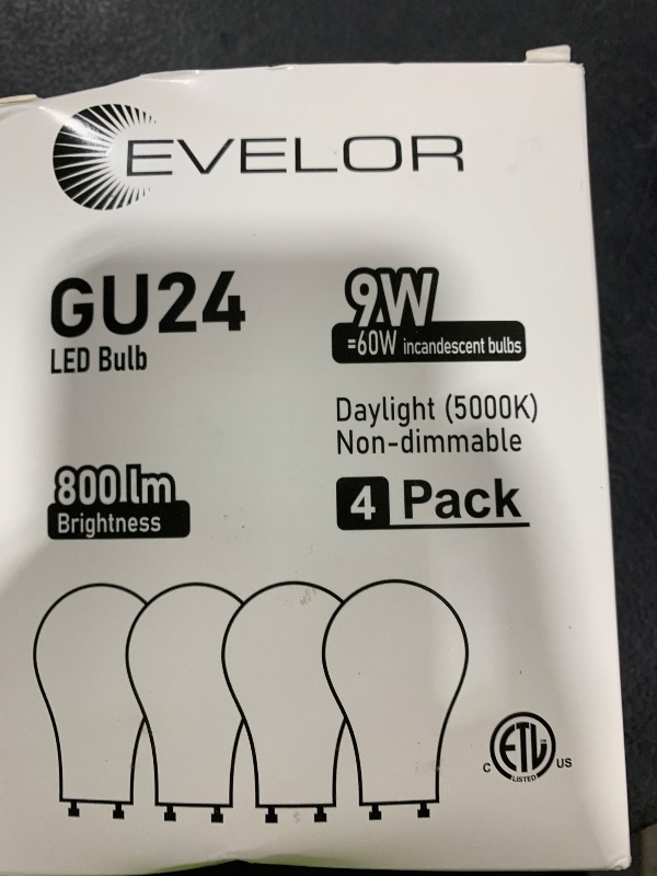Photo 1 of evelor GU24 LED Light Bulb,60 Watt Equivalent Daylight White 5000K,Non-Dimmable,Efficient 9W,800 Lumens Twist and Lock 2 Prong Light Bulbs,15000 Hours,Ideal for Kitchen,Living Room,Bedroom, 4-Packs