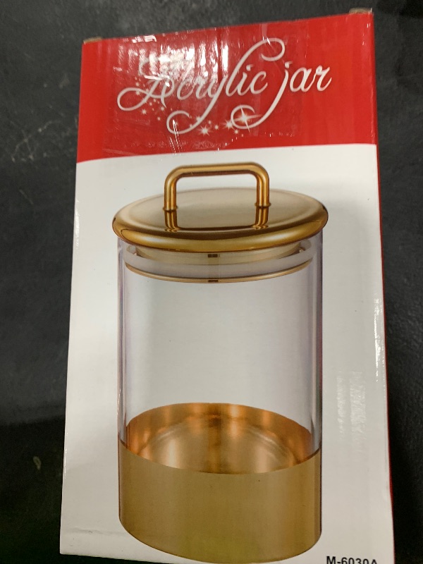 Photo 1 of 24 oz Medium Acrylic Storage Apothecary Jar with Gold Airtight Lid | Bathroom Vanity Organizer Containers | Ideal Decorative Canisters for Shells, Bath Salt, Grains, Cotton Ball, Flossers