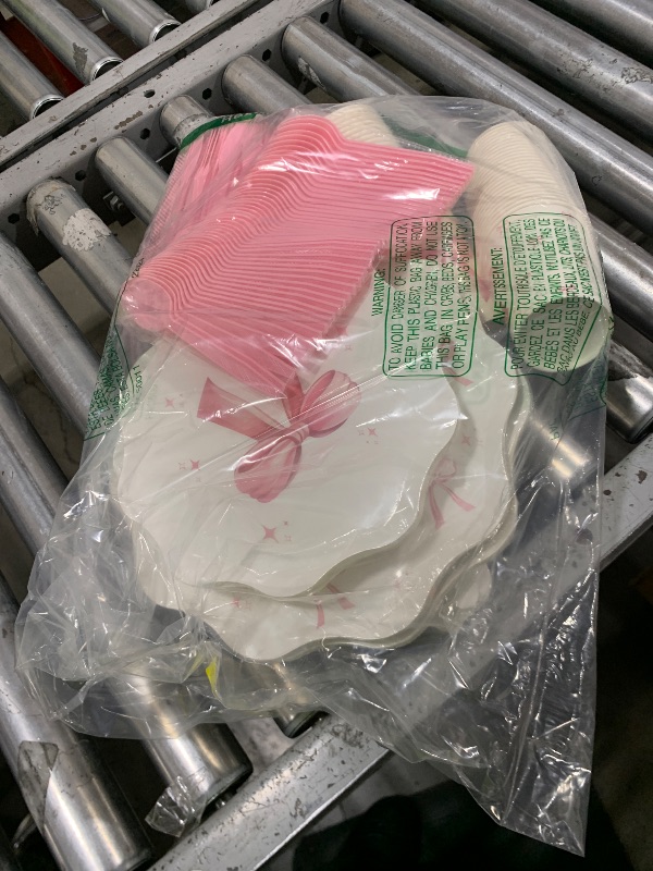 Photo 1 of Ziliny 350 Pcs Bow Pink Party Supplies Tableware Set Disposable 9'' 7'' Paper Plates 9 oz Cups Cutlery Napkins Dinnerware Set for 1st Birthday, Serve 50 (Bow, Pink)