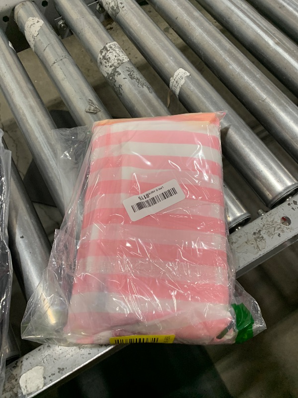 Photo 1 of Beach Blanket Sandproof Waterproof, Pink Striped Picnic Blanket Extra Large 9 Ft X 10 Ft for 8 Adults with Stakes and Sand Pocket, Compact Lightweight Sand Free Beach Mat Essential