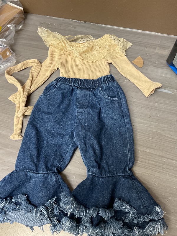 Photo 1 of fhutpw Newborn Baby Girl Clothes Infant Rib Frill Long Sleeve Romper Flared Pants Headband Set 3pcs Fall Winter Outfits (B- Apricot + Flared Jeans, 9-12 Months)