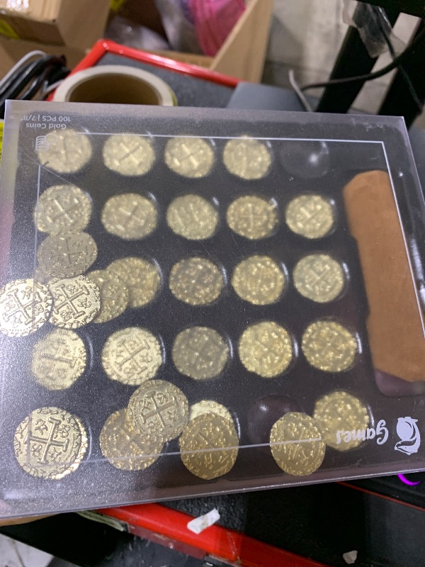 Photo 1 of Large Metal Pirate Coins - 100 Gold Treasure Coin Set, Metal Replica Spanish Doubloons for Pirate Party Decorations & Favors, Tokens, Toys, Cosplay - Pirate Treasure Chest, Size 7/8"