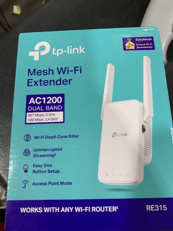 Photo 1 of TP-Link AC1200 WiFi Extender, 2025 Wirecutter Best WiFi Extender, 1.2Gbps Home Signal Booster, Dual Band 5GHz/2.4GHz, Up to 1600 Sq.ft and 32 Devices, EasyMesh Compatible, One Ethernet Port (RE315)