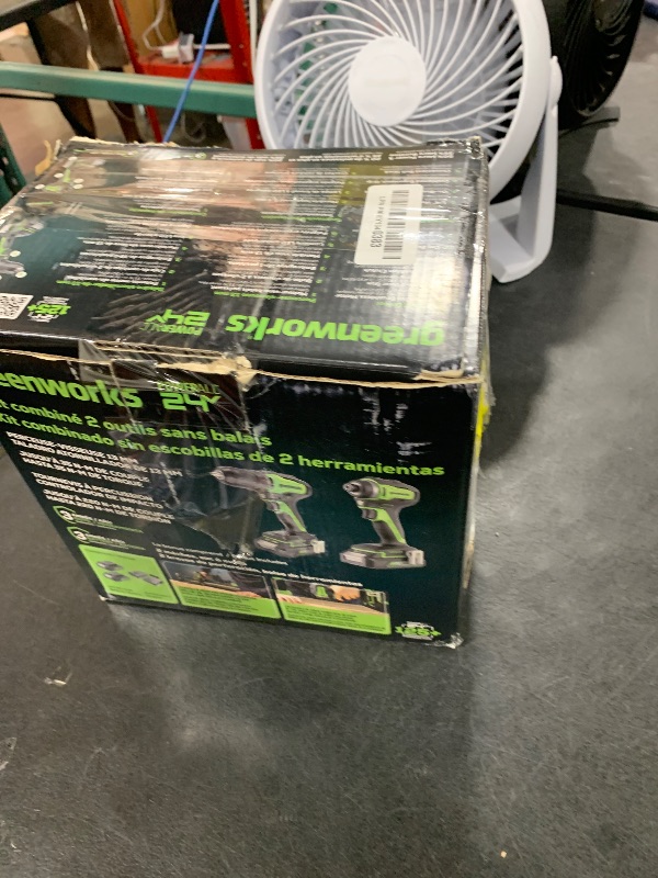 Photo 1 of Greenworks 24V Brushless Cordless Drill and Impact Driver,Power Tool Combo Kit Included 1/2”Drill & 1/4”Hex Impact Driver and (2) Batteries, Fast Charger, 2 pcs Drill Bit Set & Bag